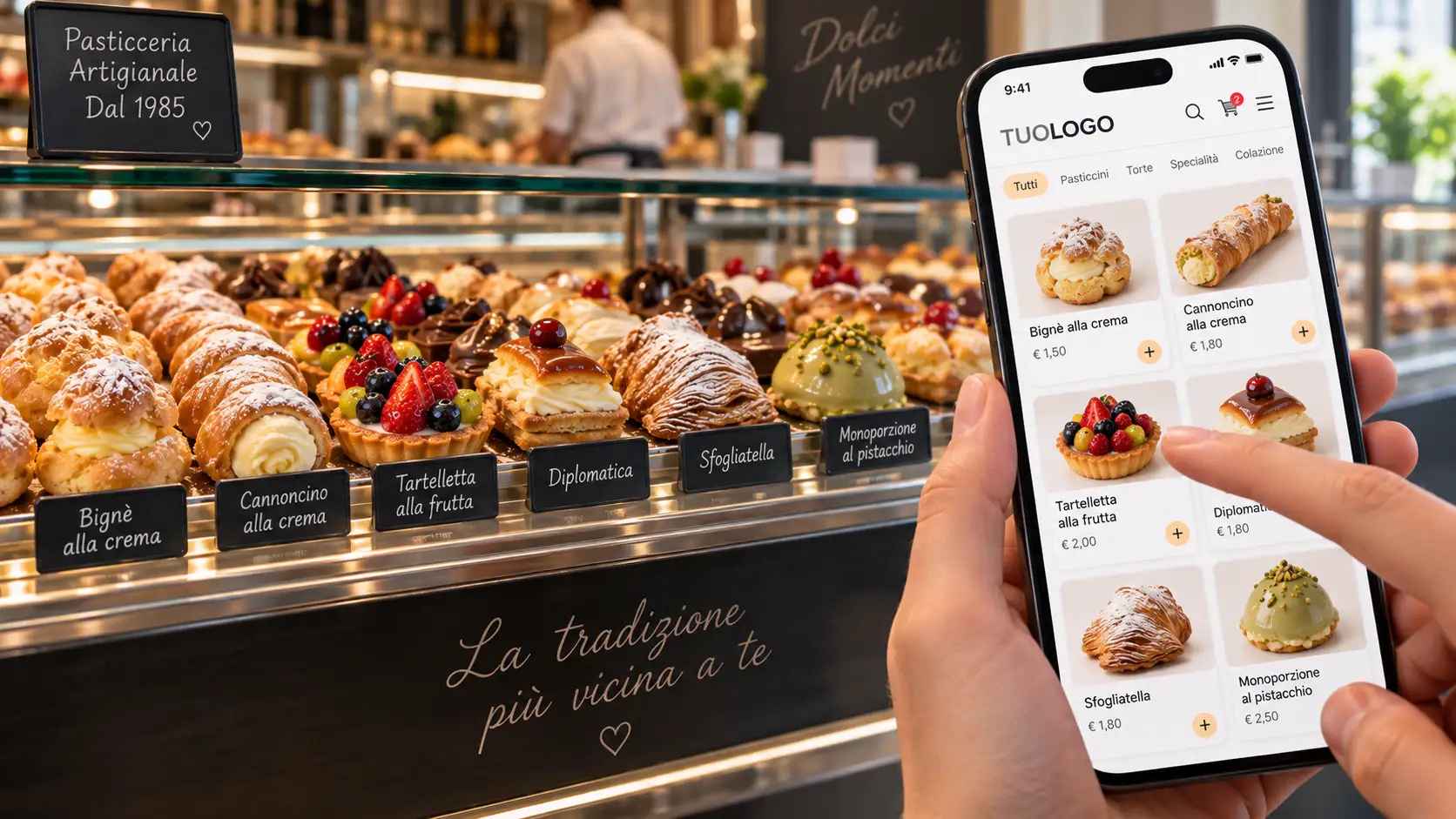 Cliente che sceglie sullo smartphone i dolci esposti nel banco della pasticceria