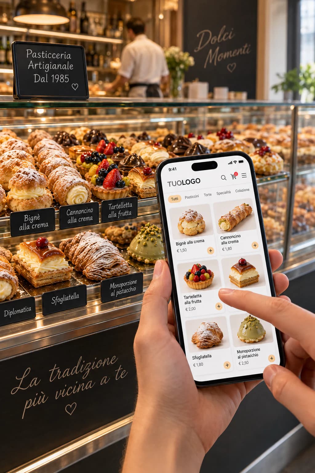 Cliente che sceglie sullo smartphone i dolci esposti nel banco della pasticceria