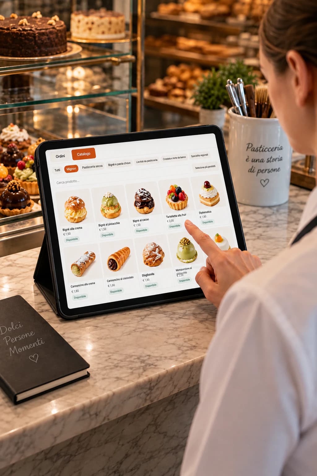 Catalogo DolciOnline visualizzato su un tablet al banco