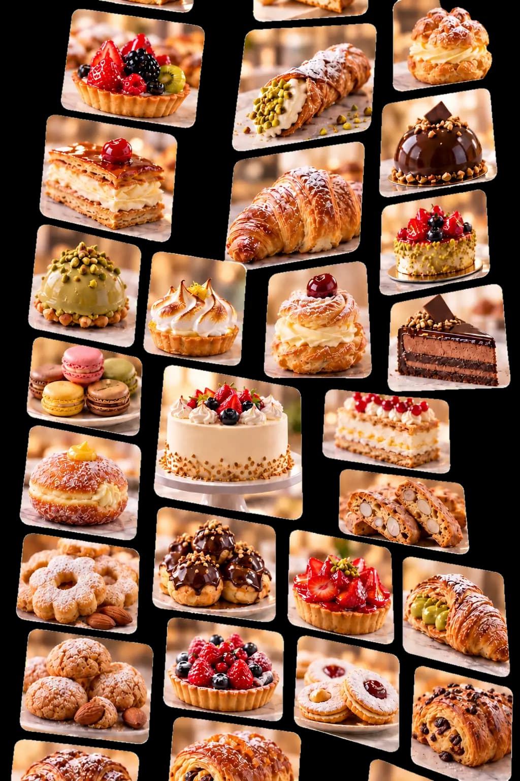Composizione di pasticcini, croissant, torte e biscotti